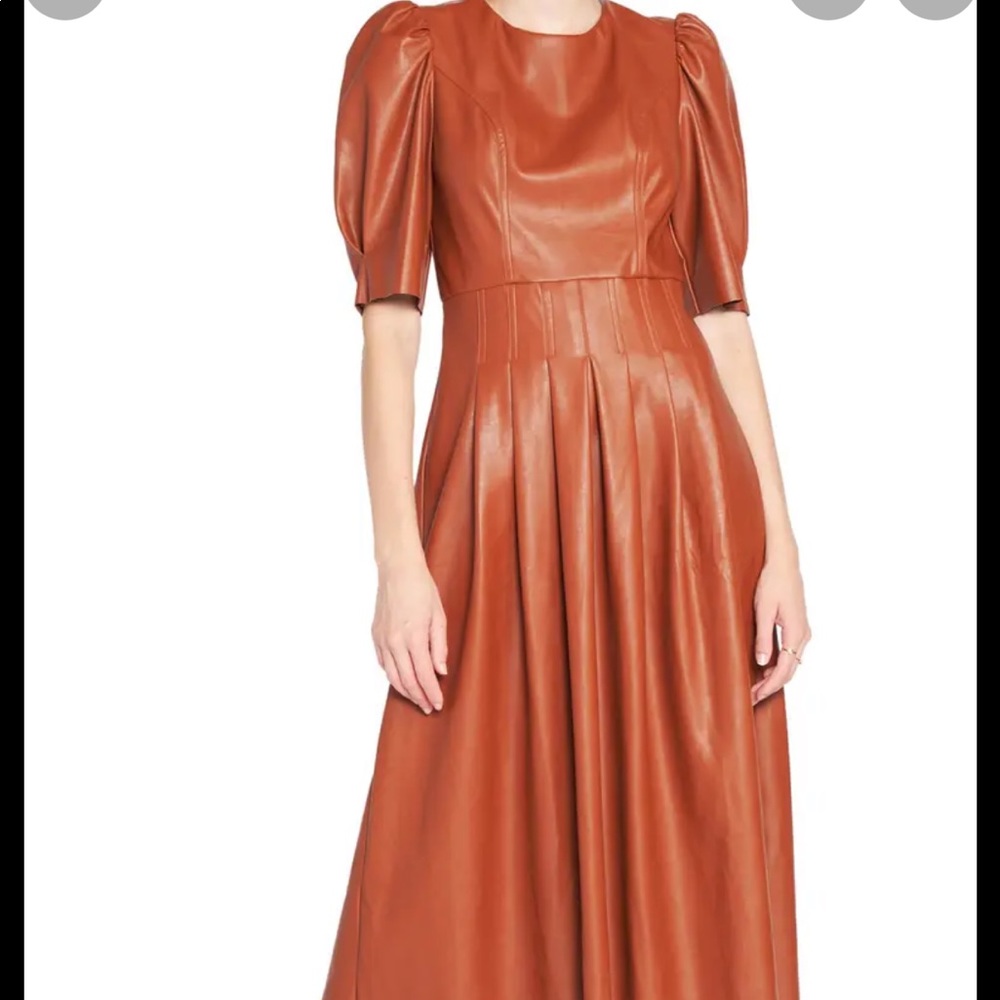 En Saison Faux Leather Puff Sleeve Midi Dress sm